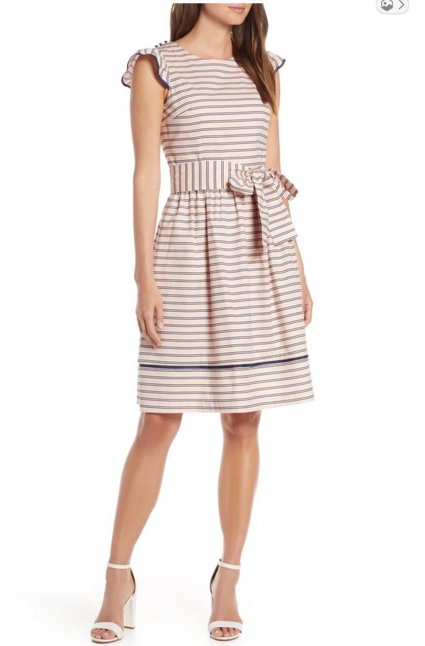 1901 Stripe Fit & Flare Dress Women 12 Pink Navy Tie Waist Flutter Sleeve NWT